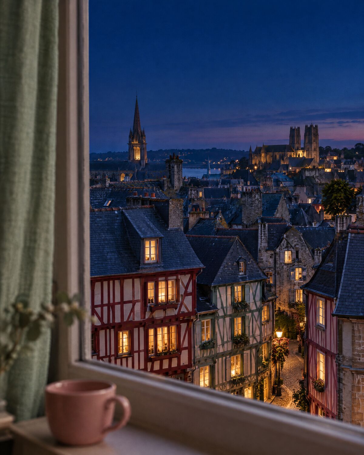 Vue depuis une fenêtre sur les maisons à colombages de Rennes à l'heure bleue